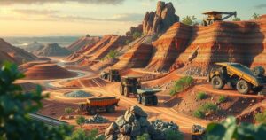 Vibrant mining landscape showcasing natural resources with earthy tones and industrial elements.