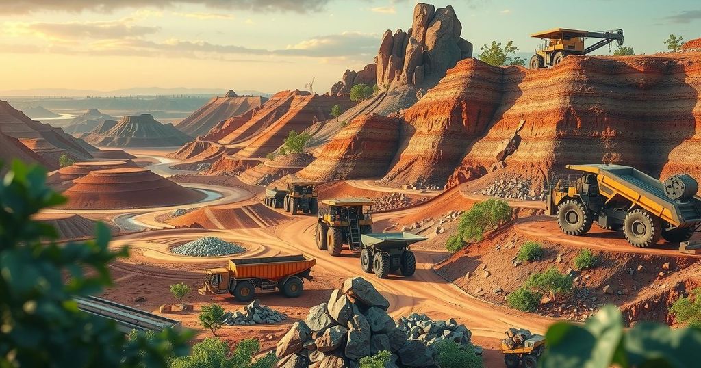 Vibrant mining landscape showcasing natural resources with earthy tones and industrial elements.