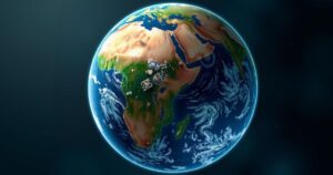 A satellite orbiting Earth, highlighting mineral-rich regions, with a focus on Nigeria in vibrant green and blue hues.