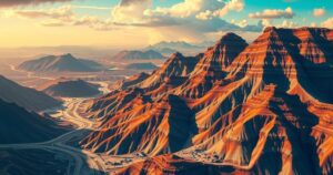 A vibrant landscape showcasing mineral-rich mountains and resources with bright colours and a modern artistic style.