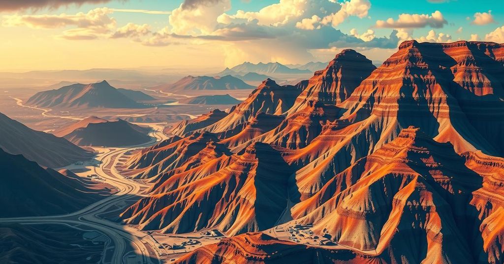 A vibrant landscape showcasing mineral-rich mountains and resources with bright colours and a modern artistic style.