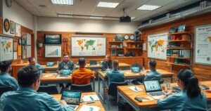 A training session in a modern classroom, filled with mining tools, charts, and engaging learning materials, showcasing mining education.