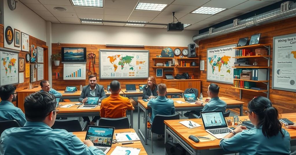 A training session in a modern classroom, filled with mining tools, charts, and engaging learning materials, showcasing mining education.