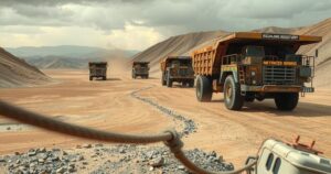 A barren landscape showing mining activities, with trucks and mining equipment under a cloudy sky. Earthy tones dominate.