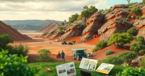 A partnership scene illustrating mining training with educational elements and natural landscapes of Nigeria and Australia.