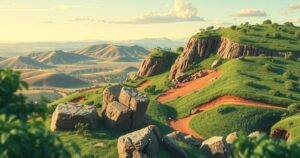 A Nigerian landscape showcasing rich mineral deposits, with vibrant colours and an emphasis on natural resources.