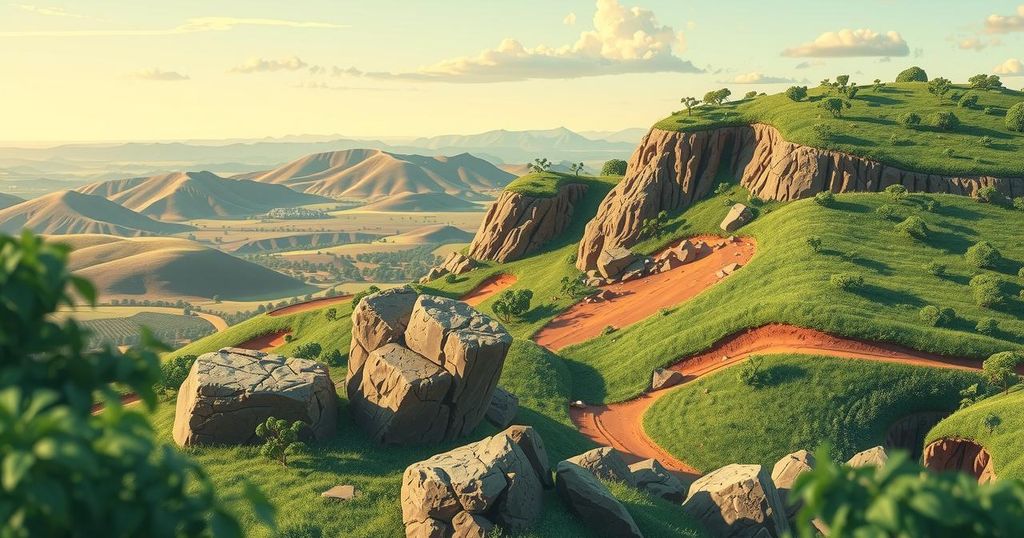 A Nigerian landscape showcasing rich mineral deposits, with vibrant colours and an emphasis on natural resources.