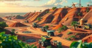 Vibrant illustration of Nigeria's mining industry transformation with local processing and vibrant landscapes