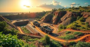 A scenic depiction of Nigeria's landscape with a mining facility, showcasing minerals and green surroundings.