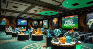 A bustling summit scene showcasing vibrant displays of minerals, energy innovations, and collaboration among African nations.