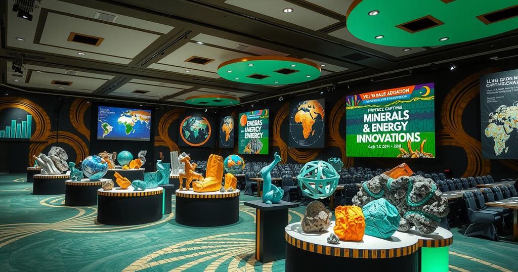 A bustling summit scene showcasing vibrant displays of minerals, energy innovations, and collaboration among African nations.