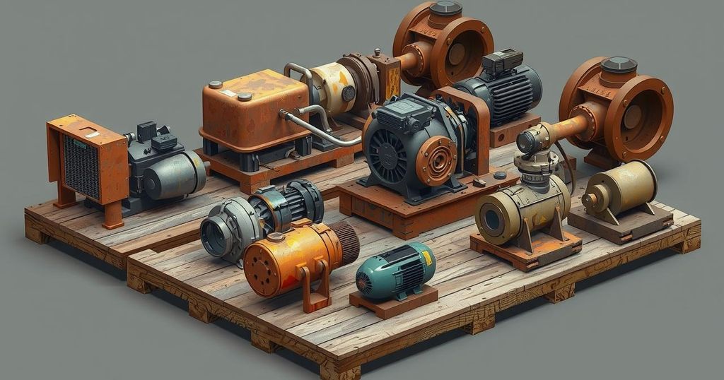 Arrested illegal mining equipment in Niger, featuring power generators, crushing machines, and water pumps.