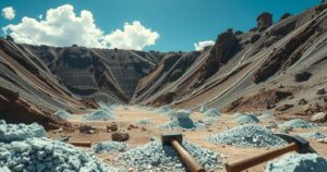 Miner working in a lithium mining pit surrounded by rich mineral deposits, showcasing a rugged environment and tools.