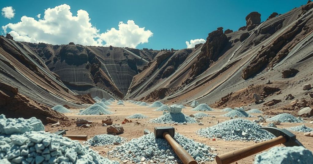 Miner working in a lithium mining pit surrounded by rich mineral deposits, showcasing a rugged environment and tools.